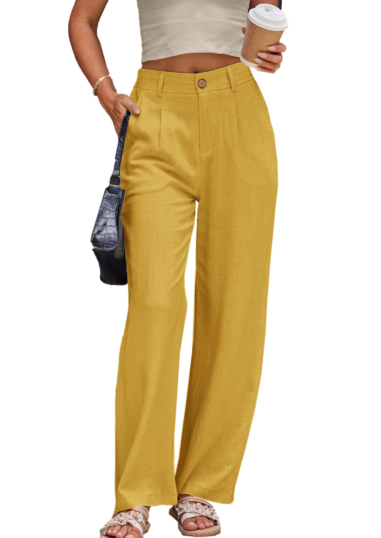 Fakanhui Womens Cotton-Linen Wide Leg Pants - Summer Yellow