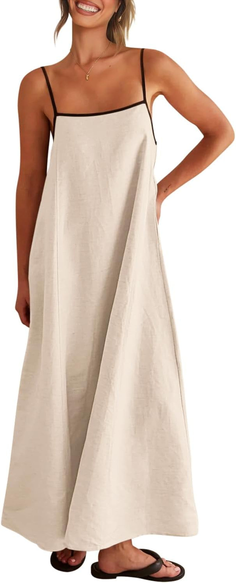 Women'S 2026 Summer Linen Maxi Dress Contrast Spaghetti Strap Dress Backless Casual Party Beach Dresses