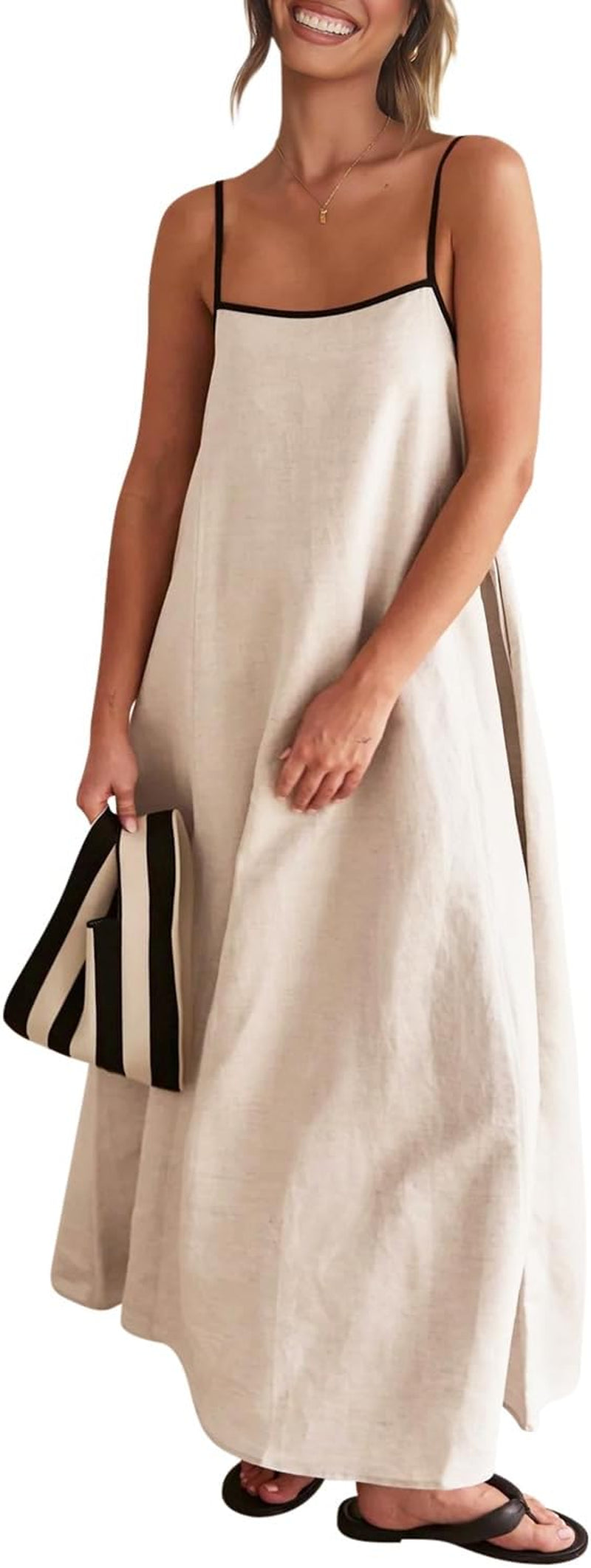 Women'S 2026 Summer Linen Maxi Dress Contrast Spaghetti Strap Dress Backless Casual Party Beach Dresses