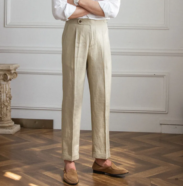 Men's Linen Casual Slim Fit Pleated Trousers