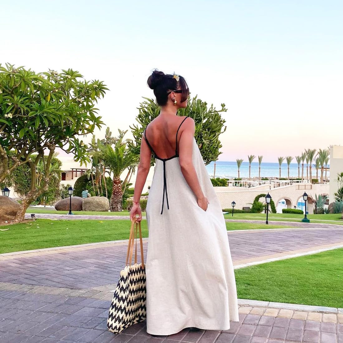 Women'S 2026 Summer Linen Maxi Dress Contrast Spaghetti Strap Dress Backless Casual Party Beach Dresses