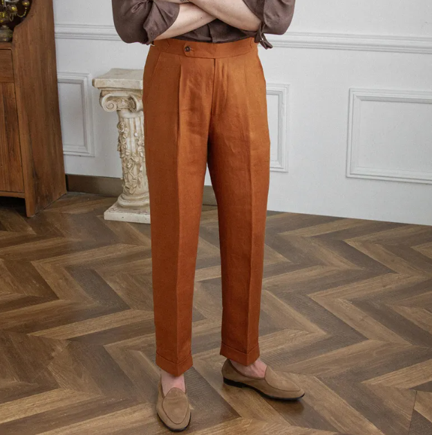 Men's Linen Casual Slim Fit Pleated Trousers