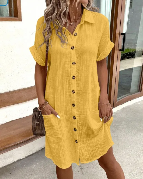 Summer V-neck Linen Button Front Shirt-Dress