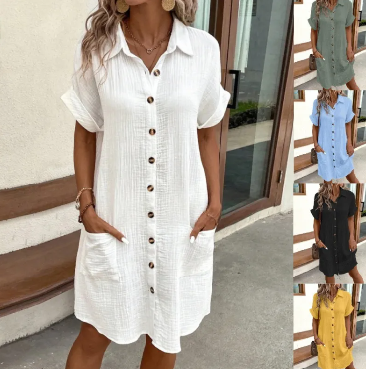 Summer V-neck Linen Button Front Shirt-Dress