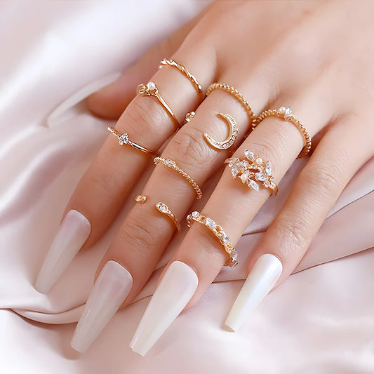 Celestial Moon & Star Gold Ring Stackable 10pc Set