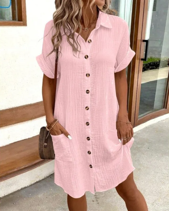 Summer V-neck Linen Button Front Shirt-Dress