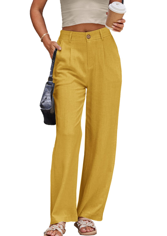 Fakanhui Womens Cotton-Linen Wide Leg Pants - Summer Yellow