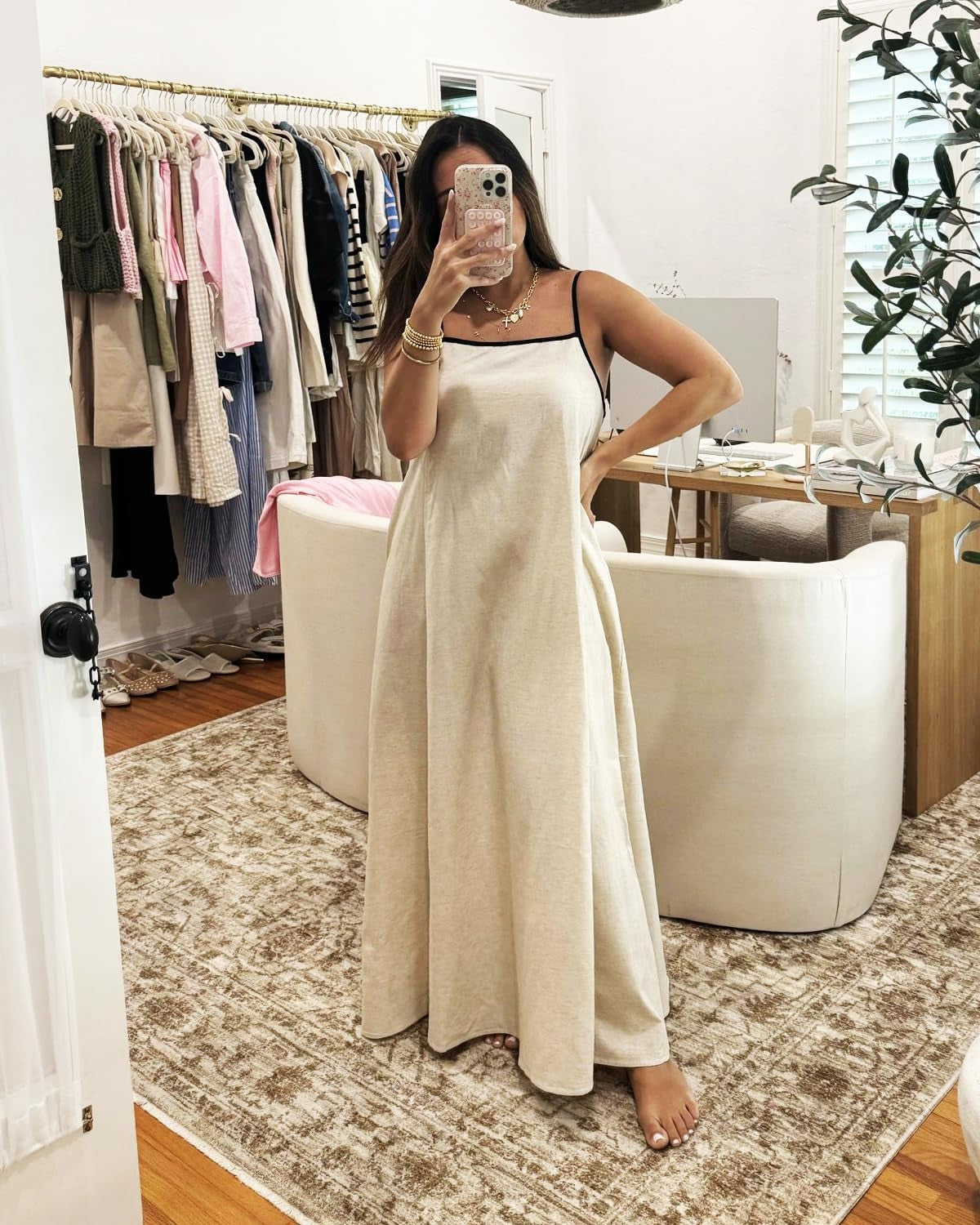 Women'S 2026 Summer Linen Maxi Dress Contrast Spaghetti Strap Dress Backless Casual Party Beach Dresses