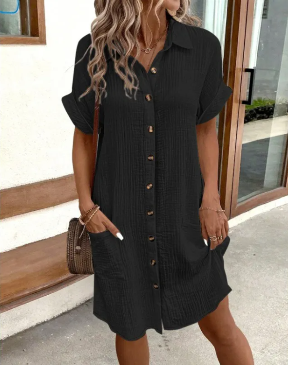 Summer V-neck Linen Button Front Shirt-Dress
