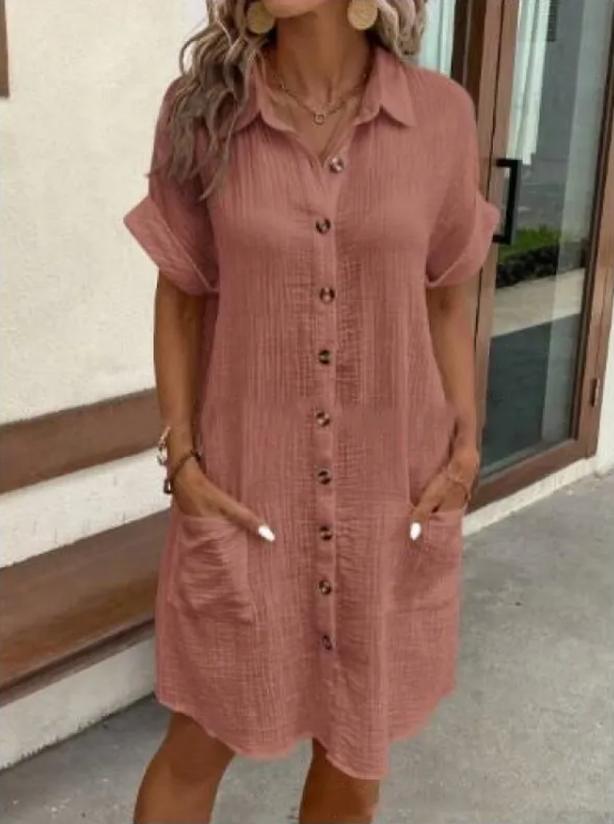 Summer V-neck Linen Button Front Shirt-Dress