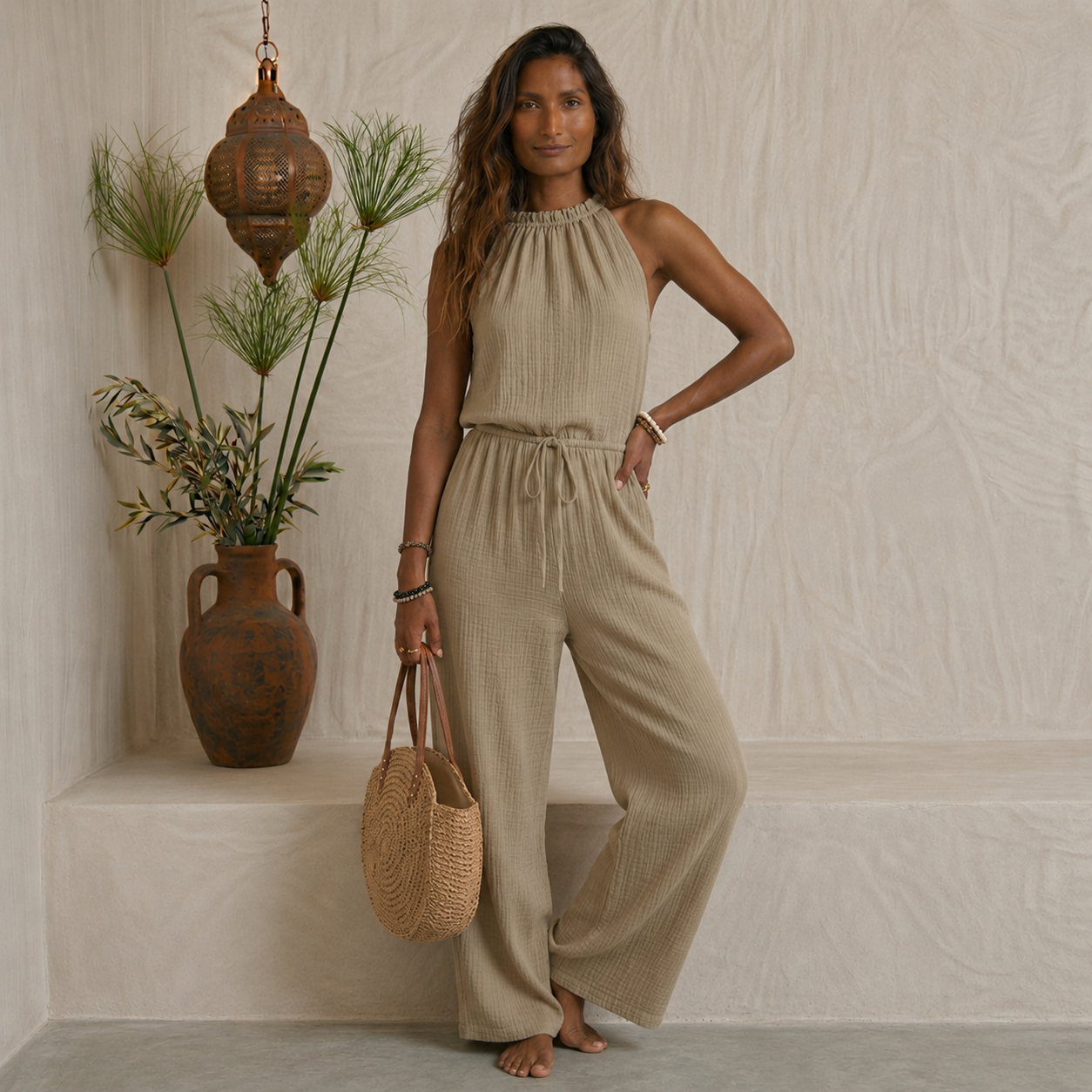 Women's Premium Halter-Neck Linen Jumpsuit | Anatolia Threads