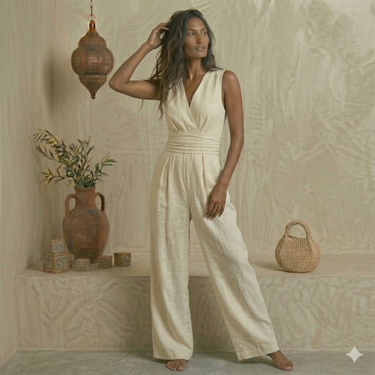 Women's Elegant V-Neck Linen Jumpsuit | Anatolia Threads