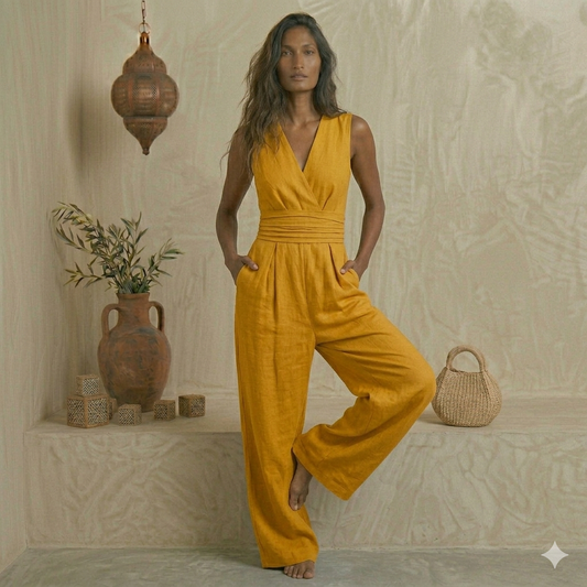 Women's Elegant V-Neck Linen Jumpsuit | Anatolia Threads