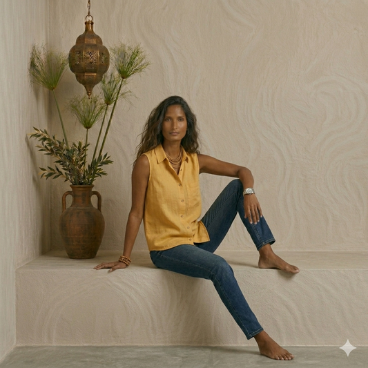 The Sun-Drenched Linen Sleeveless Shirt – Golden Ochre | Anatolia Threads